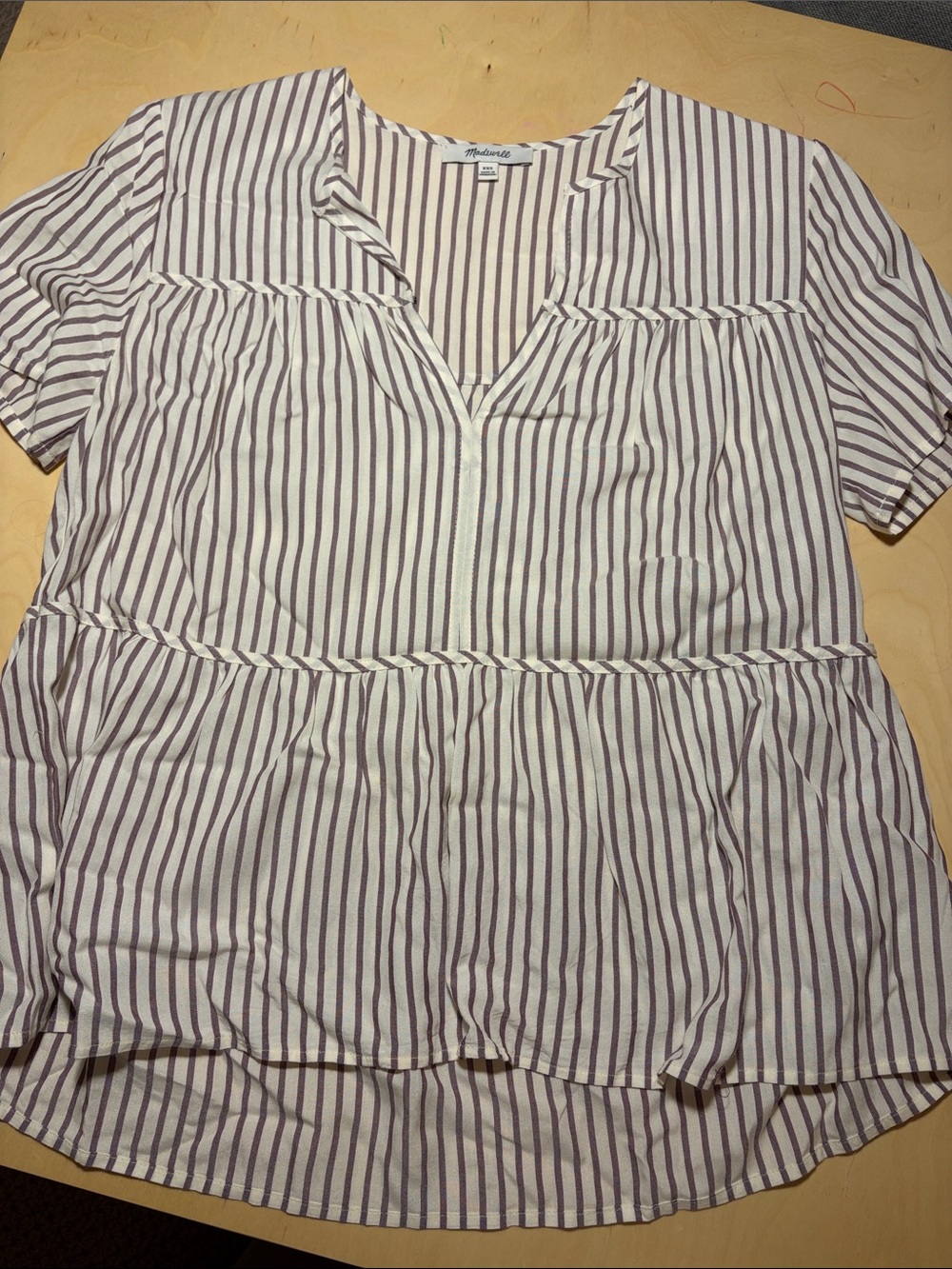 Madewell Cream & Brown Striped V-Neck Peplum Too